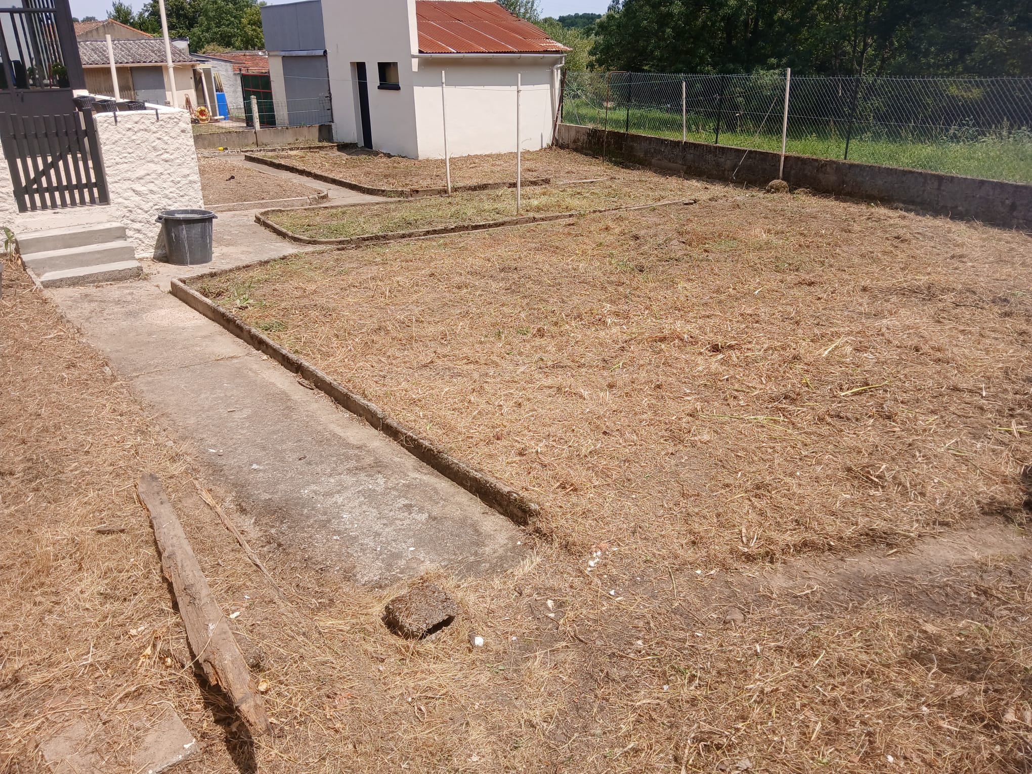 Terrain sec à l'herbe grillée devant une maison, avant travail au motoculteur