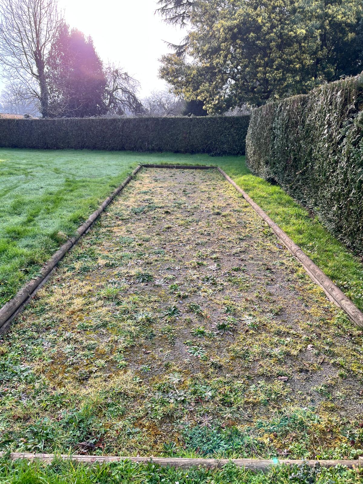 Terrain de pétanque envahi de mousse et de mauvaises herbes avant désherbage