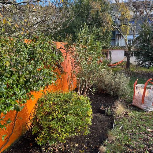Massif d'arbustes et de bambous devant un mur orange, big bag de déchets verts