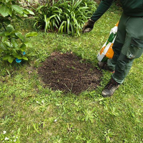 Jardinier Mes Jardiniers en tenue verte épandant du terreau sur une parcelle préparée